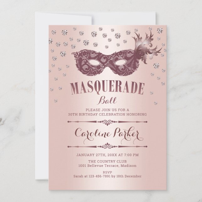 Invitation Rose Gold Rose Masquerade Ball Anniversaire (Devant)
