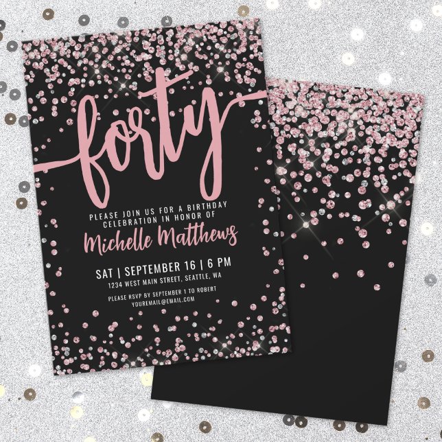 Invitation Rose Gold Rose Noir 40e Anniversaire (Rose Gold Pink Black 40th Birthday Invitation)
