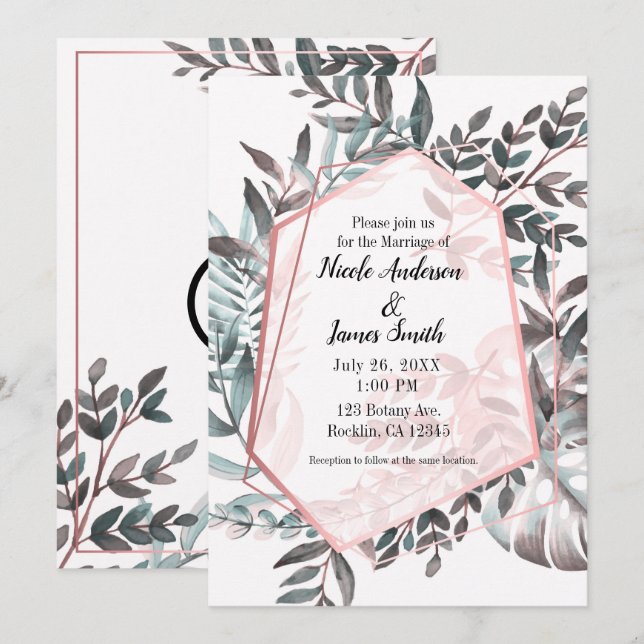 Invitation Rose Gold Rose Pâle Botanique Mariage (Devant / Derrière)