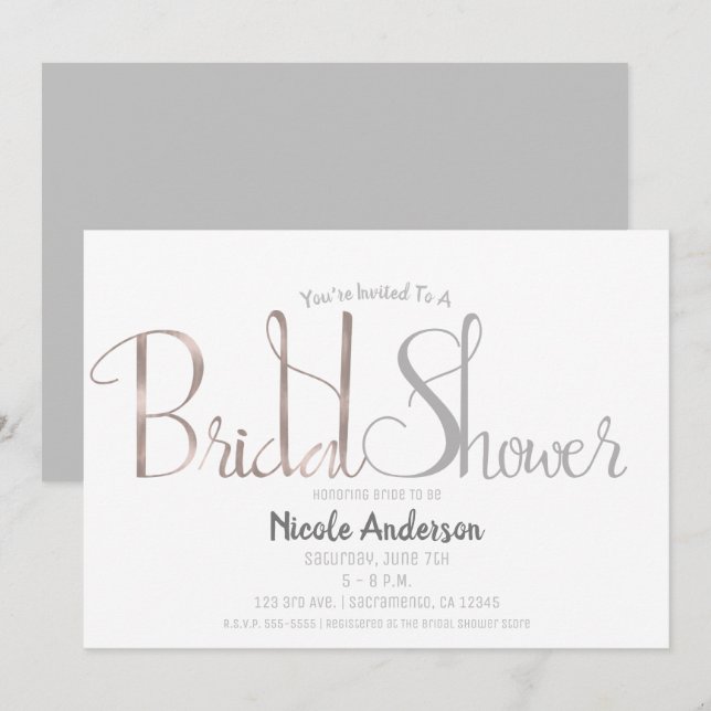 Invitation Rose Gold Rose Pâle et Gris Écriture Moderne pour  (Devant / Derrière)