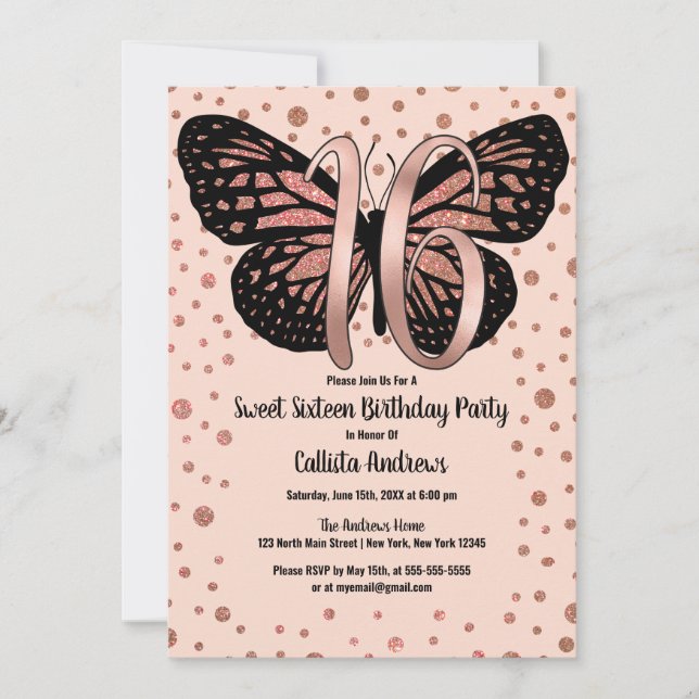Invitation Rose  Gold Rose Papillon Parties scintillant Confe (Devant)