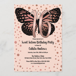 Invitation Rose  Gold Rose Papillon Parties scintillant Confe