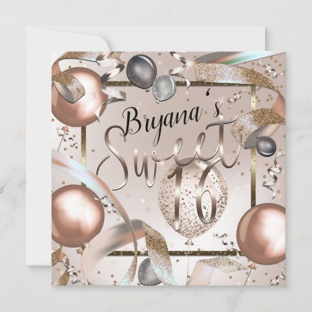 Invitation Rose Gold Rose & Parties scintillant Balloons Swee (Devant)