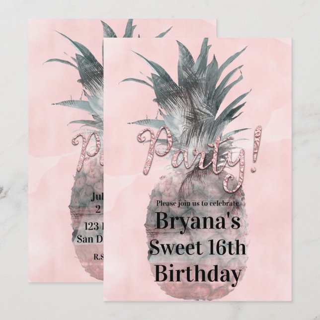 Invitation Rose Gold Rose Tropical D'été Ananas Fête (Devant / Derrière)