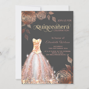 Invitation Rose Gold roses paillettes tendance robe Quinceañe