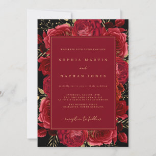 Invitation Rose Gold Rouge Élégant Fleurs Mariage