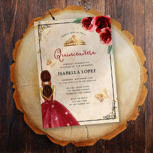 Invitation Rose Gold Rouge Vintage Élégant Quinceañera
