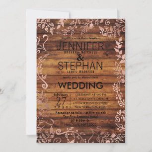 Invitation Rose Gold Rustic Country Wood Floral Mariage