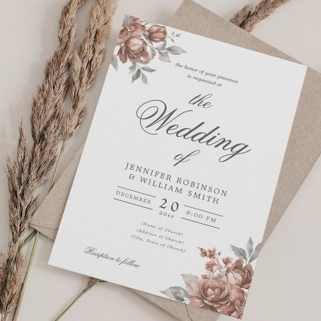 Invitation Rose Gold Rustique Floral Élégant Mariage Script  (Rose Gold Rustic Floral Elegant Script Wedding Invitation)