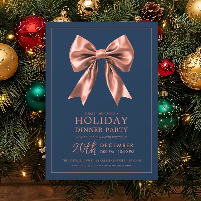 Invitation Rose Gold Satin Bow Nuit de Fête de Noël  (Holiday Dinner Party Rose Gold Satin Bow Navy Invitation)