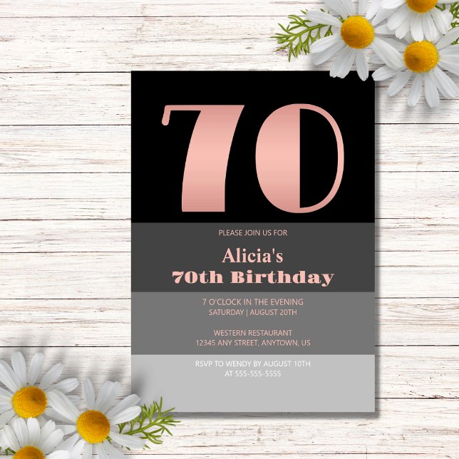 Invitation Rose Gold Script Black Grey Stripes 70e anniversai (Créateur téléchargé)