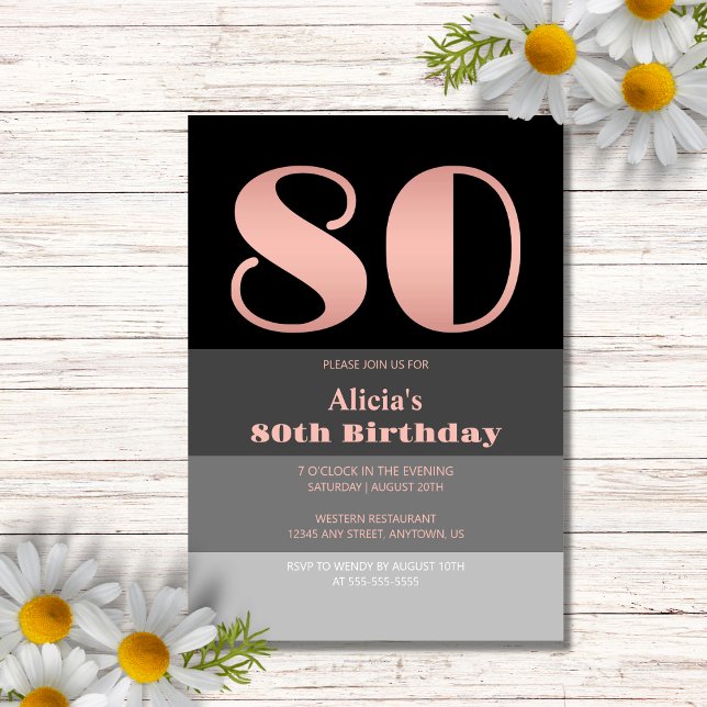 Invitation Rose Gold Script Black Grey Stripes 80e anniversai (Créateur téléchargé)
