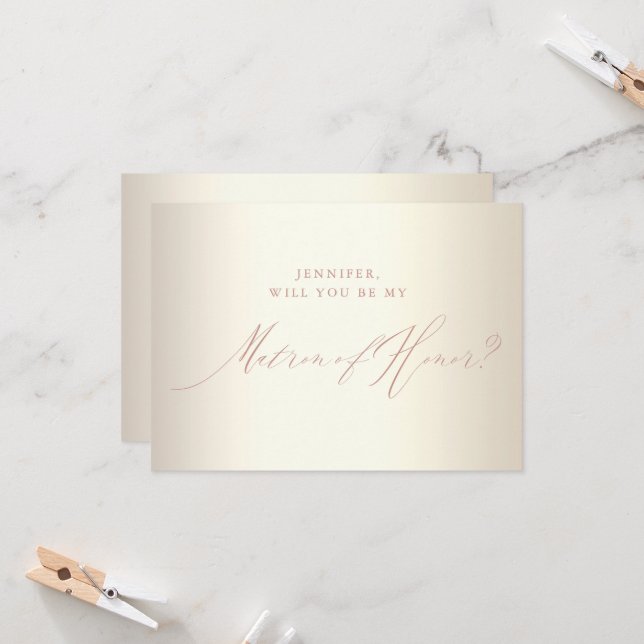 Invitation Rose Gold Script Champagne Matron d'honneur (Devant/Arrière en situation)