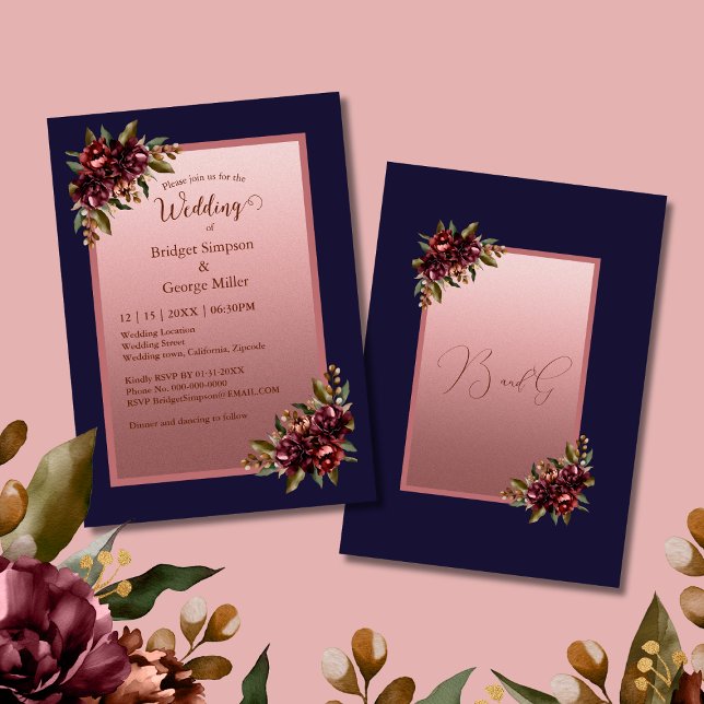 Invitation Rose Gold Script Marine Bordeaux mariage floral (Créateur téléchargé)