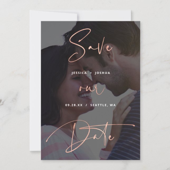 Invitation Rose Gold Script Vellum Look Photo Enregistrer la  (Devant)