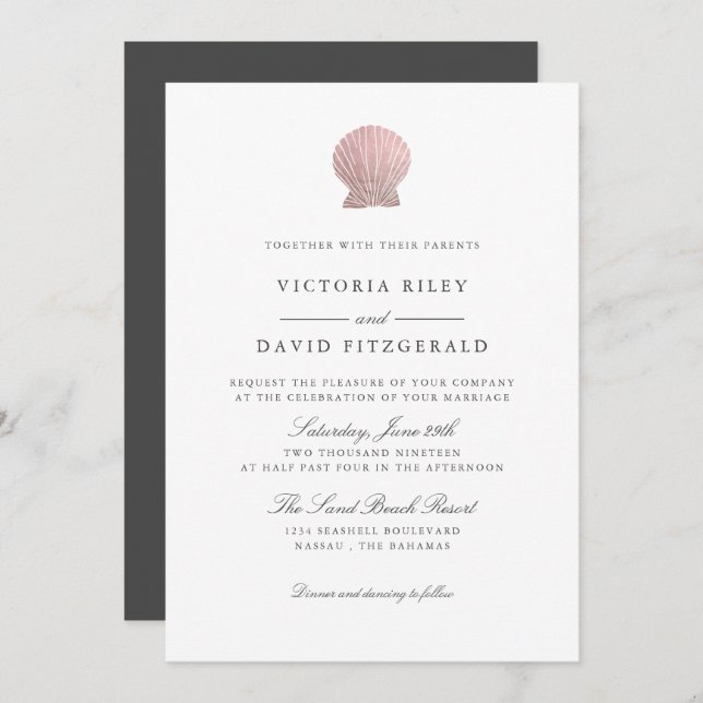 Invitation Rose Gold Seashell Elegant Ocean Beach mariage (Devant / Derrière)