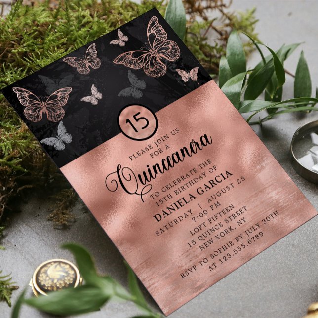 Invitation Rose Gold Shimmer Butterfly Moderne Quinceañera (Créateur téléchargé)