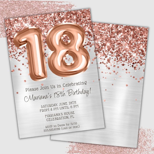 Invitation Rose Gold Silver 18e anniversaire de fête Invitati (Créateur téléchargé)