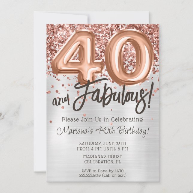 Invitation Rose Gold Silver 40e anniversaire de fête Invitati (Devant)
