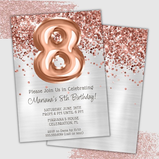 Invitation Rose Gold Silver 8e anniversaire de fête Invitatio (Créateur téléchargé)