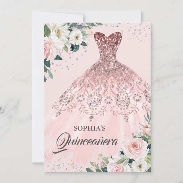 Invitation Rose Gold Silver Diamond Gown Floral Quinceanera (Devant)