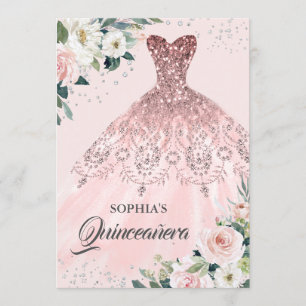 Invitation Rose Gold Silver Diamond Gown Floral Quinceanera