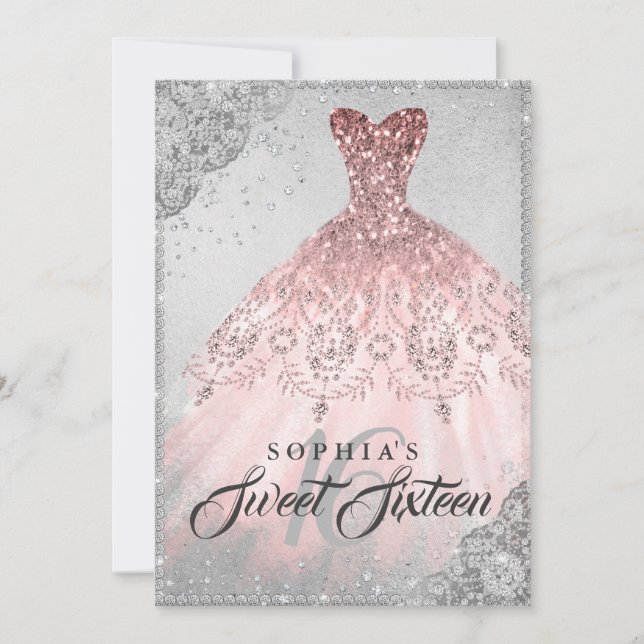 Invitation Rose Gold Silver Diamond Robe à paillettes Douce 1 (Devant)