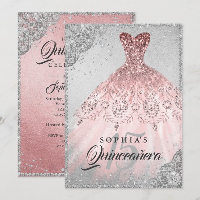 Invitation Rose Gold Silver Diamond Sparkle Gown Quinceanera (Devant / Derrière)