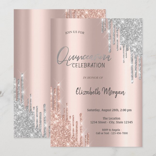 Invitation Rose Gold Silver Glitter Drips Quinceañera  (Devant / Derrière)