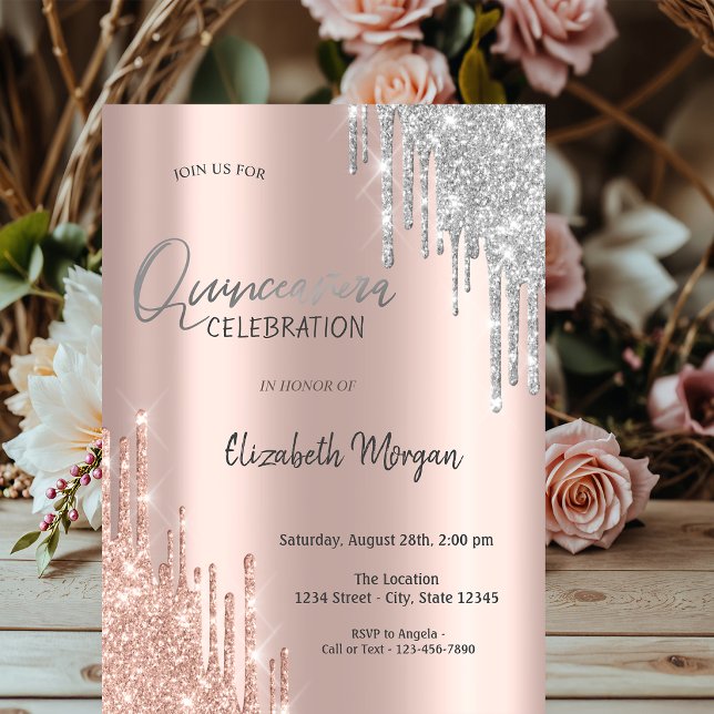 Invitation Rose Gold Silver Glitter Drips Quinceañera  (Créateur téléchargé)