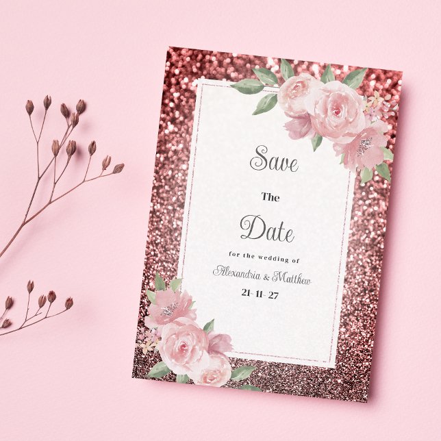 Invitation Rose gold silver glitter pink floral Save The Date (Rose gold silver glitter pink floral Save The Date )