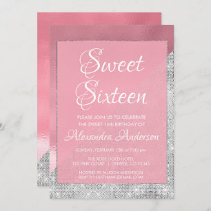 Invitation Rose Gold & Silver Sparkle Sweet 16 Anniversaire