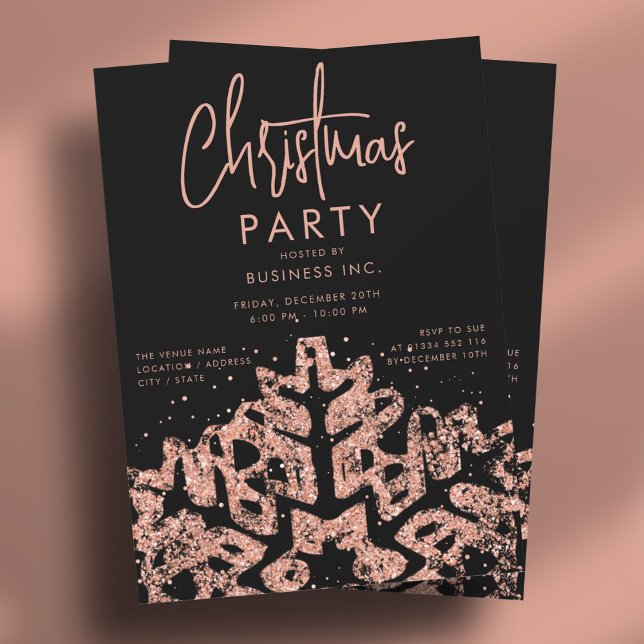 Invitation Rose Gold Snowflake Entreprise Noël Noir (Rose Gold Snowflake Corporate Christmas Black Invitation)