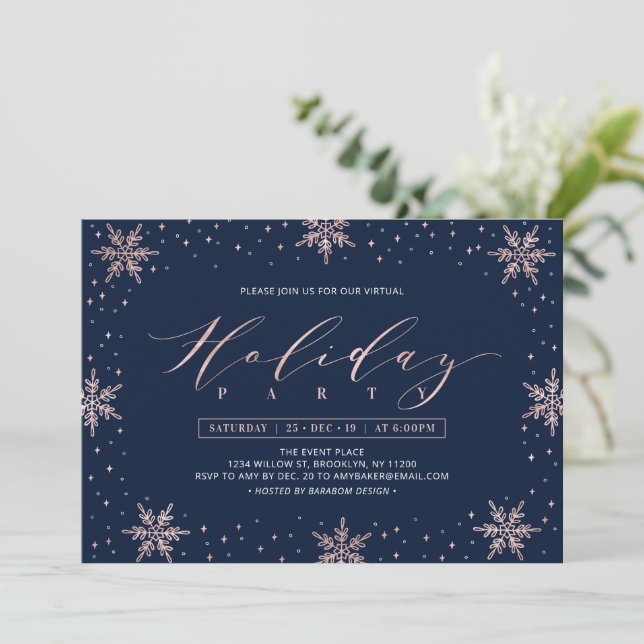 Invitation Rose Gold Snowflakes Hiver Vacances Virtuelles (Debout devant)