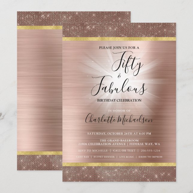 Invitation Rose Gold Sparkle Glam Cinquante et fabuleux Anniv (Devant / Derrière)