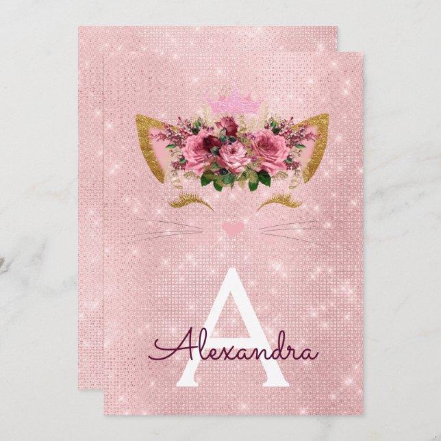 Invitation Rose Gold Sparkle Kitten Fille fête d'anniversaire (Devant / Derrière)