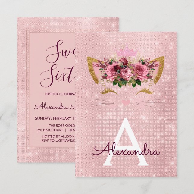 Invitation Rose Gold Sparkle Kitty Sweet sixteen Anniversaire (Devant / Derrière)
