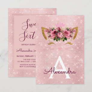 Invitation Rose Gold Sparkle Kitty Sweet sixteen Anniversaire