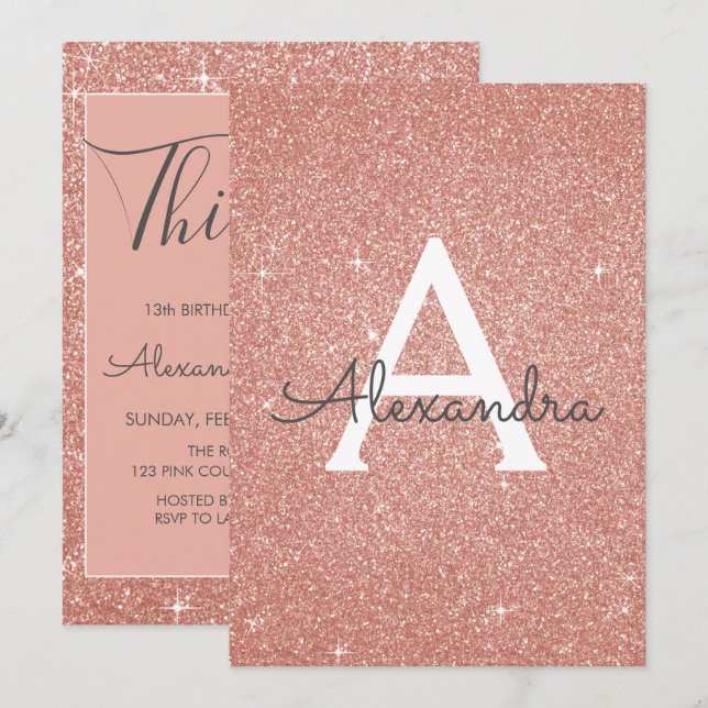 Invitation Rose Gold Sparkle Parties scintillant 13e Treize A (Devant / Derrière)