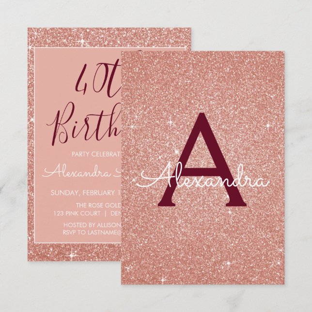 Invitation Rose Gold Sparkle Parties scintillant 40e fête d'a (Devant / Derrière)