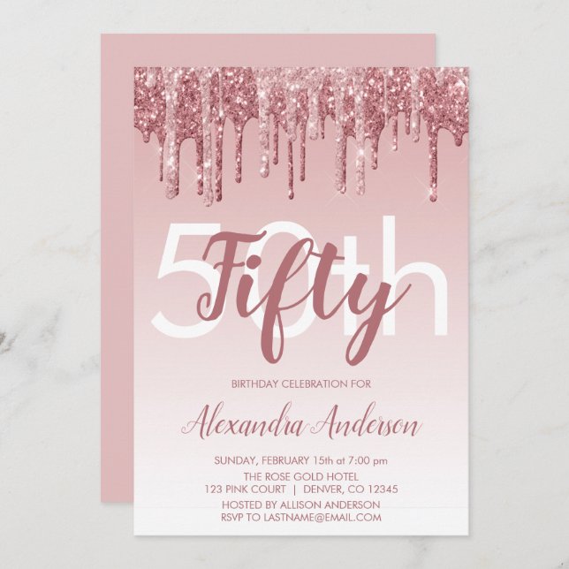 Invitation Rose Gold Sparkle Parties scintillant 50e fête d'a (Devant / Derrière)