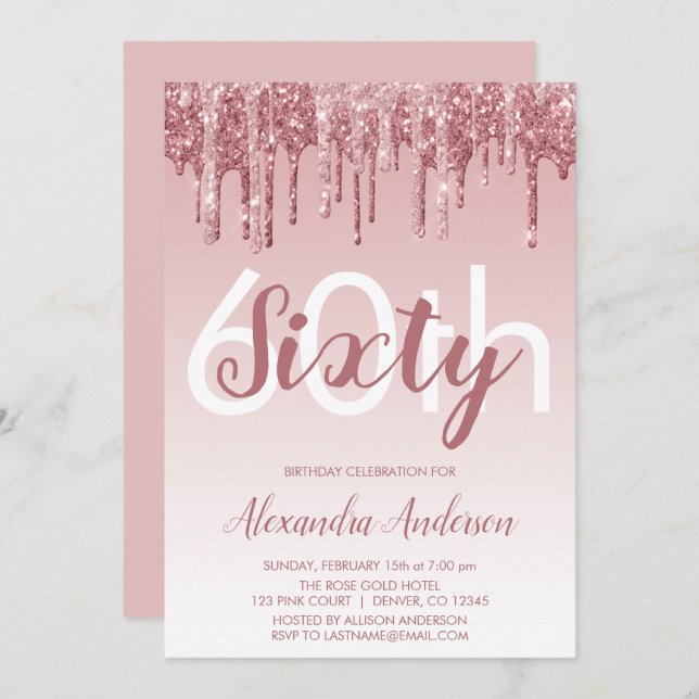 Invitation Rose Gold Sparkle Parties scintillant 60e fête d'a (Devant / Derrière)