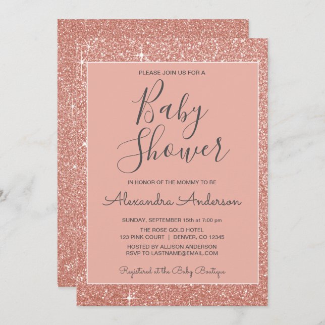 Invitation Rose Gold Sparkle Parties scintillant Baby shower  (Devant / Derrière)