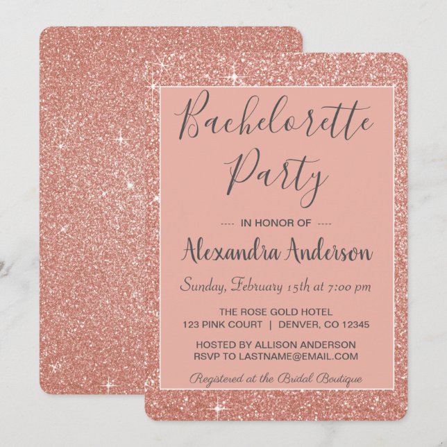 Invitation Rose Gold Sparkle Parties scintillant Bachelorette (Devant / Derrière)