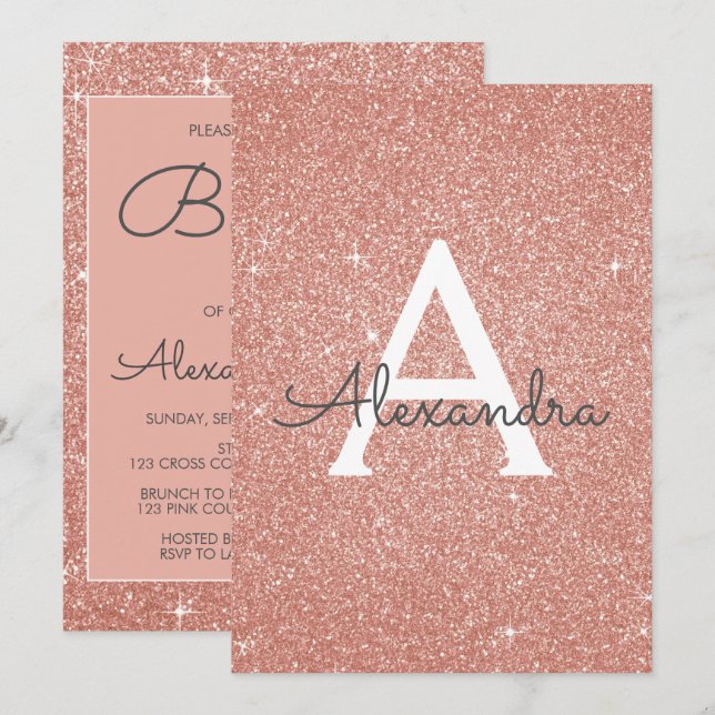 Invitation Rose Gold Sparkle Parties scintillant Baptême Invi (Devant / Derrière)