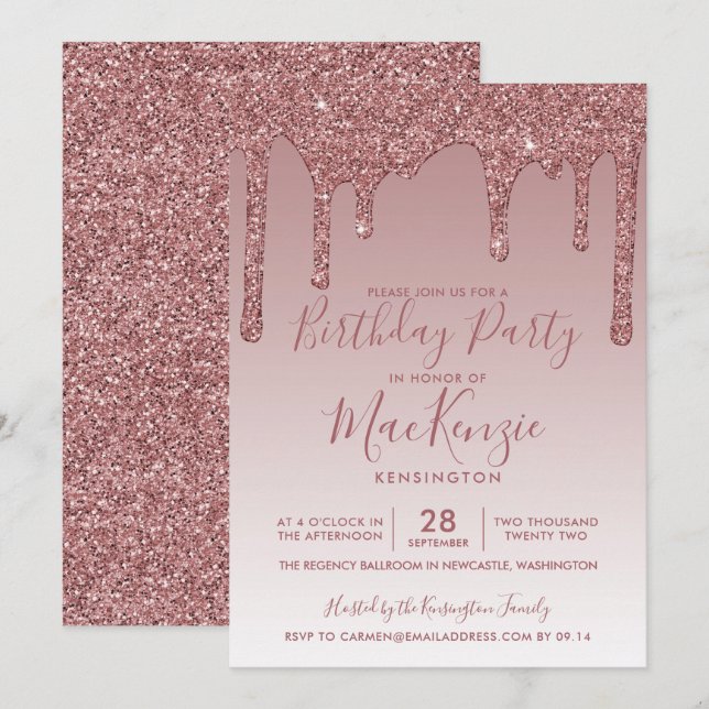 Invitation Rose Gold Sparkle Parties scintillant Drives Chaqu (Devant / Derrière)