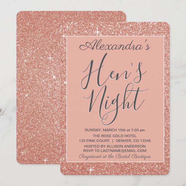 Invitation Rose Gold Sparkle Parties scintillant Hen's Night  (Devant / Derrière)