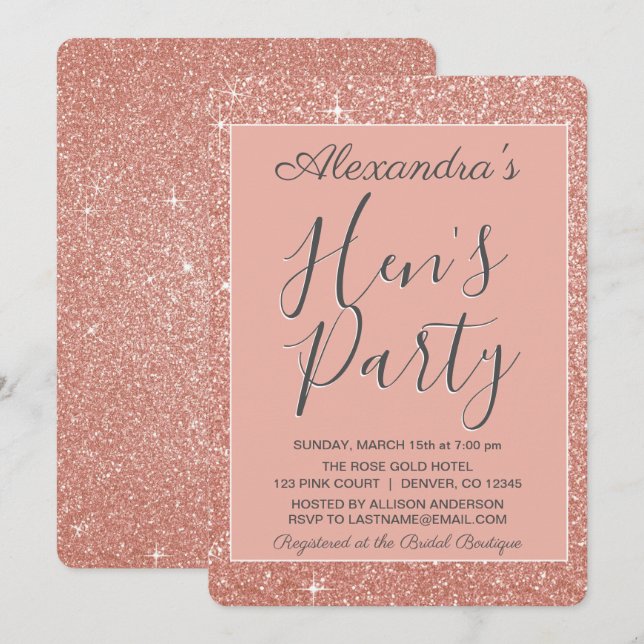 Invitation Rose Gold Sparkle Parties scintillant Hen's Party (Devant / Derrière)