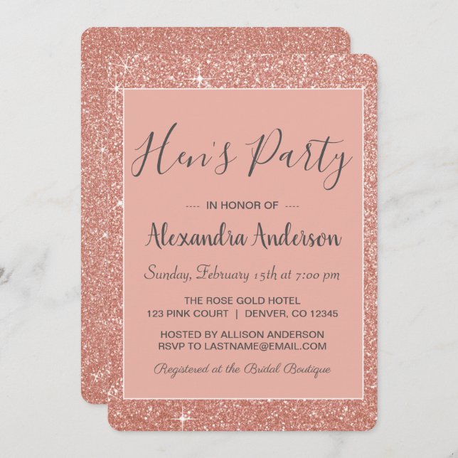 Invitation Rose Gold Sparkle Parties scintillant Hen's Party (Devant / Derrière)