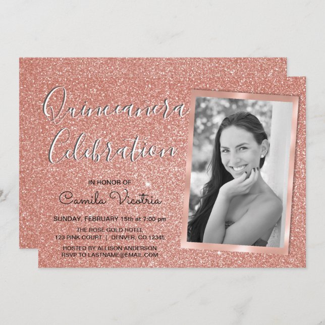 Invitation Rose Gold Sparkle Parties scintillant Quinceañera  (Devant / Derrière)